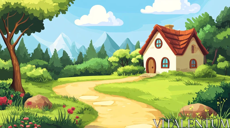 AI ART Idyllic Forest Cottage and Scenic Mountain View