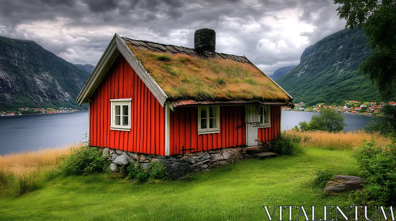 Red Cabin Nestled by a Fjord AI Image