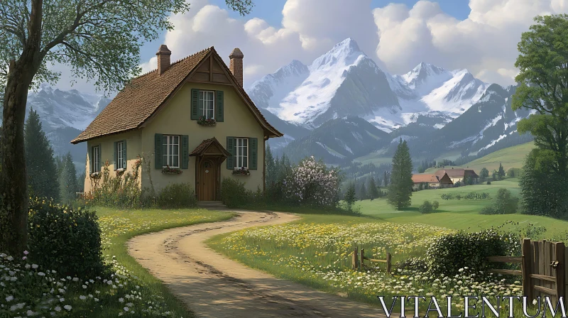 Charming Countryside Cottage Against Mountainous Backdrop AI Image