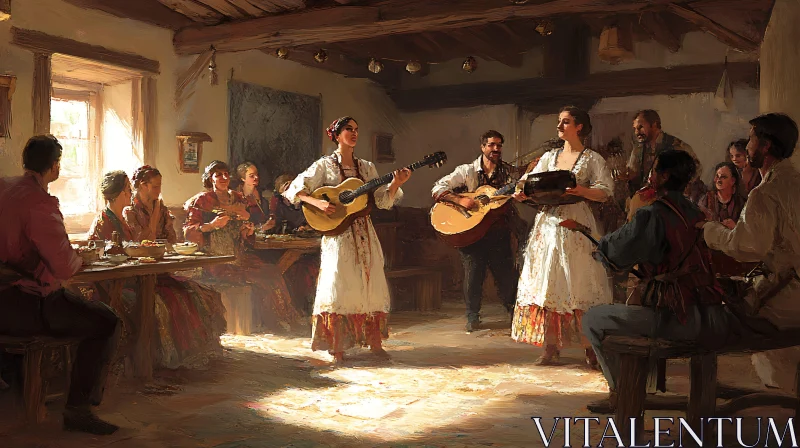 Cultural Music Performance in Rustic Interior AI Image