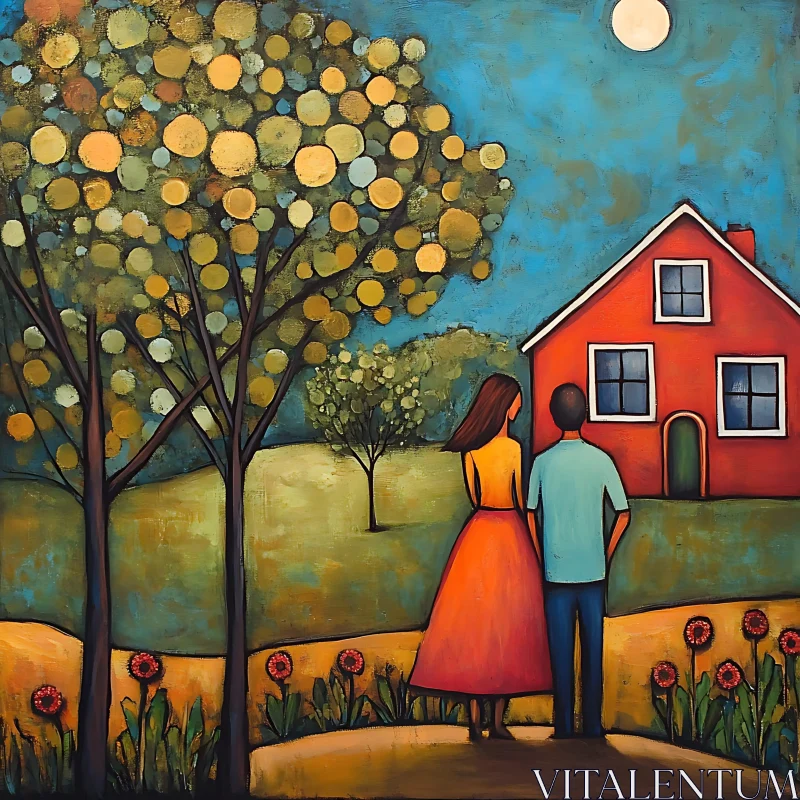 Night Landscape with Couple and Red House AI Image