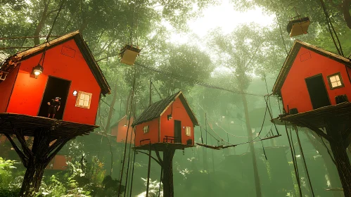 Elevated Treehouses in a Sunlit Forest