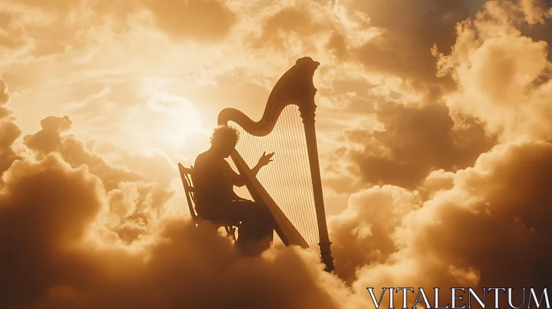 Ethereal Harpist Amidst Sunlit Clouds AI Image