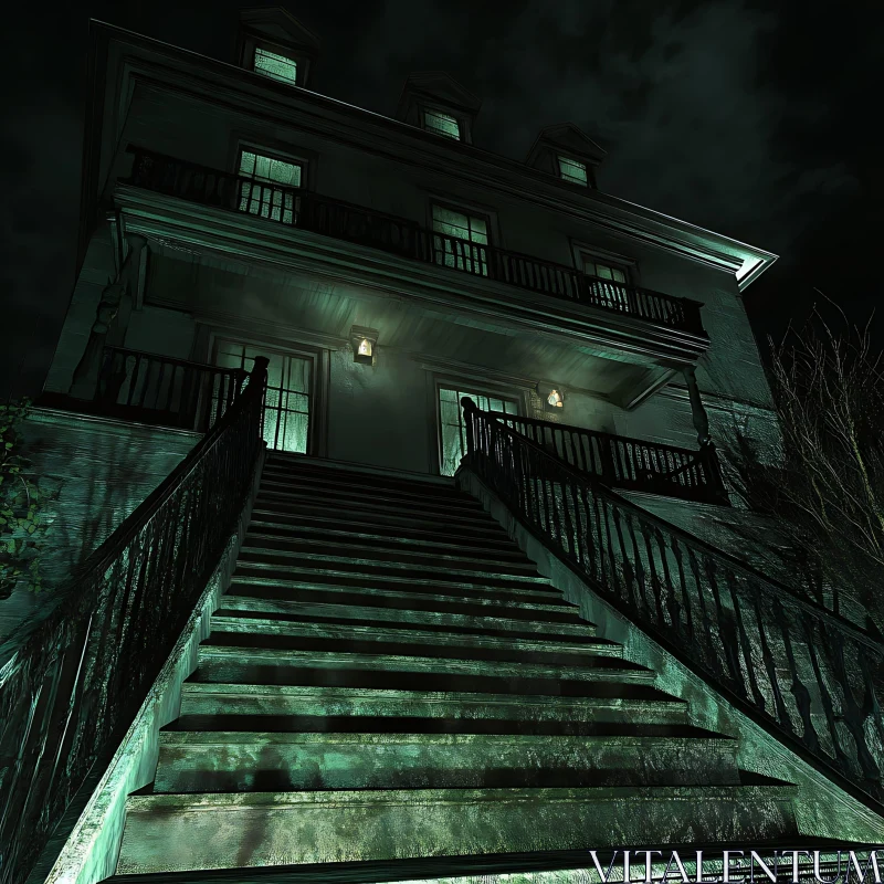 Haunted Mansion with Creepy Green Staircase AI Image