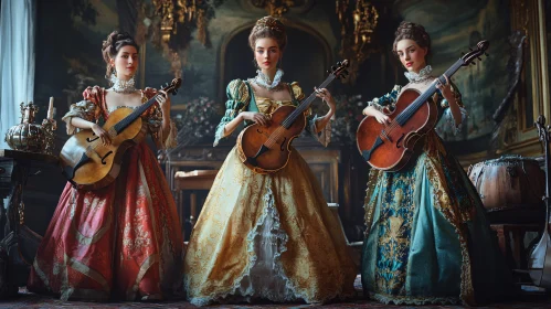 Renaissance Women in Period Dresses with Instruments