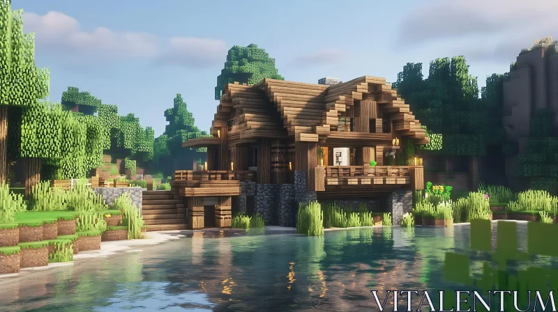 Minecraft Scenic Wooden Cabin by Lakeside AI Image