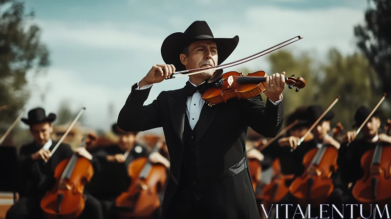 Cowboy Violinist Leads Outdoor Orchestra AI Image