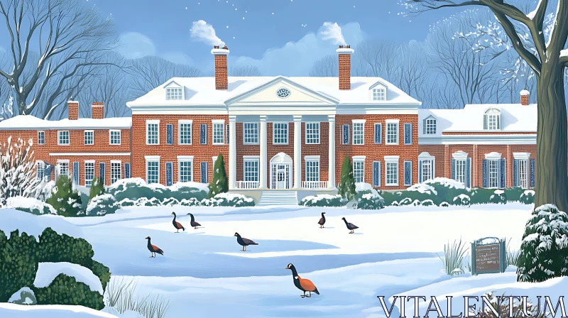 Picturesque Snowy Mansion with Geese AI Image