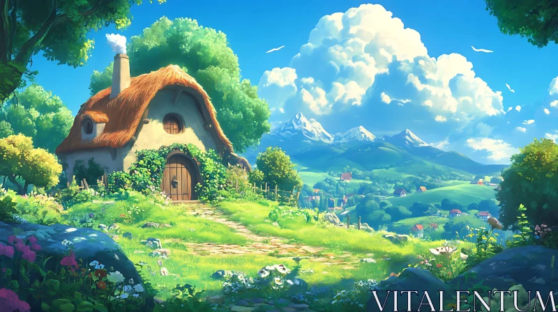 Idyllic Cottage in a Lush Green Meadow AI Image