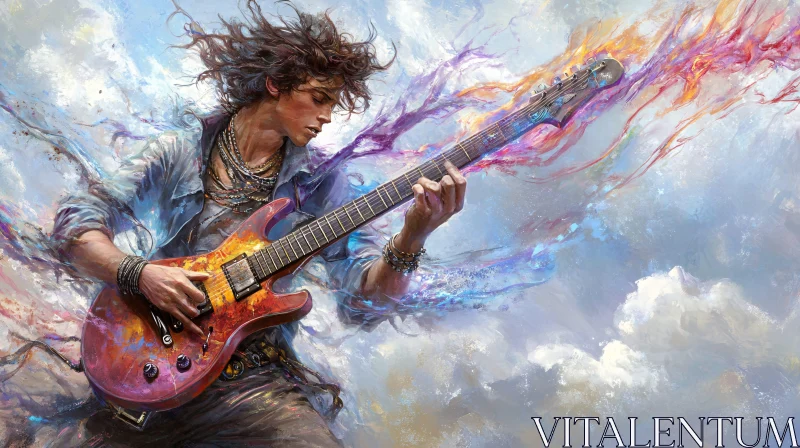 Energetic Guitarist in Vibrant Painting AI Image