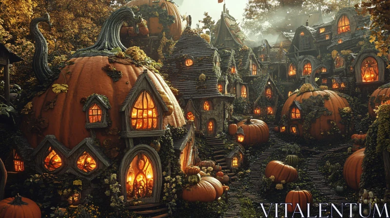 AI ART Whimsical Pumpkin Houses in an Autumn Fantasy Village