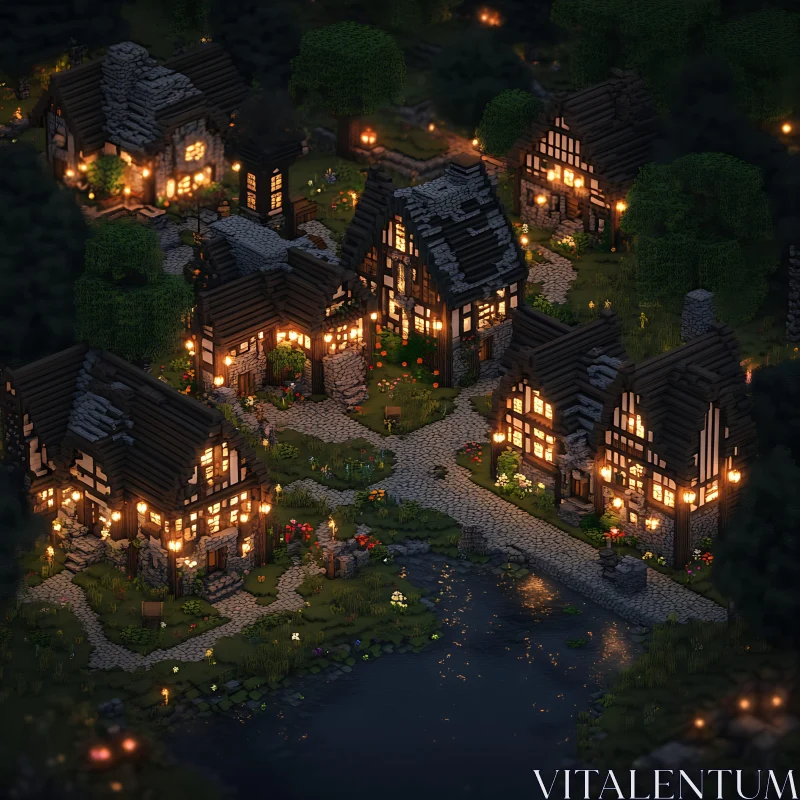 Serene Nighttime Scene of a Medieval Village AI Image