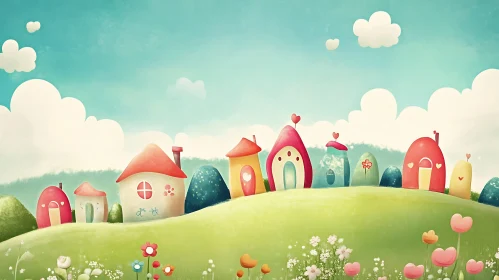 Enchanting Cartoon Landscape with Bright Homes