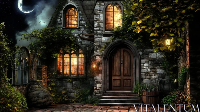 Gothic Stone House Bathed in Moonlight AI Image