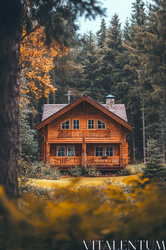 Rustic Log Cabin Amidst Autumn Forest AI Image