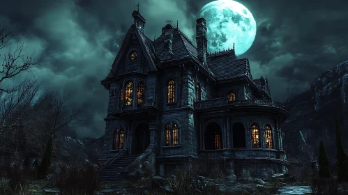 Spooky Gothic House with Moonlit Background