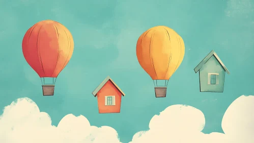 Whimsical Sky Scene with Balloons and Houses