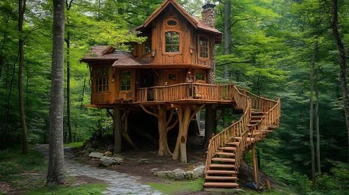 Enchanting Treehouse Amidst Verdant Foliage