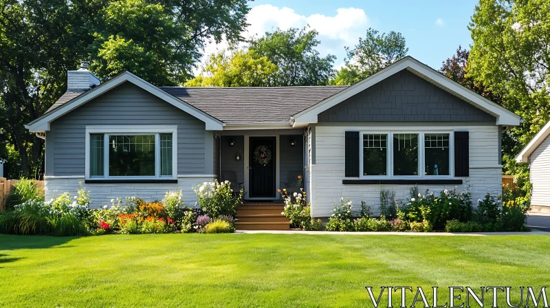 Beautiful Gray House with Garden AI Image