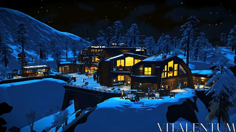 AI ART Illuminated House Complex in Snowy Mountains