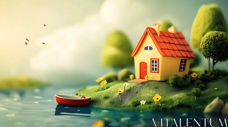 Idyllic Lakeside House with Red Roof AI Image