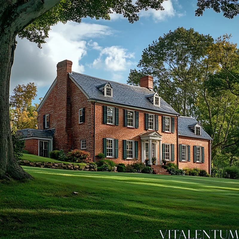 Classic Colonial House with Garden and Trees AI Image