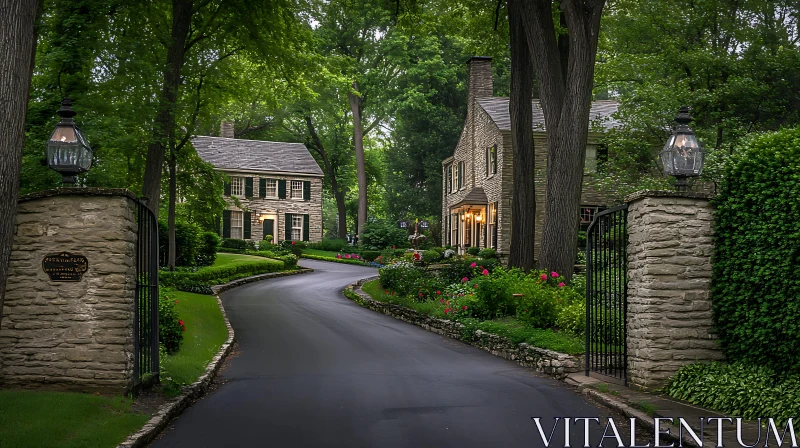 Historic Stone House with Lush Garden AI Image