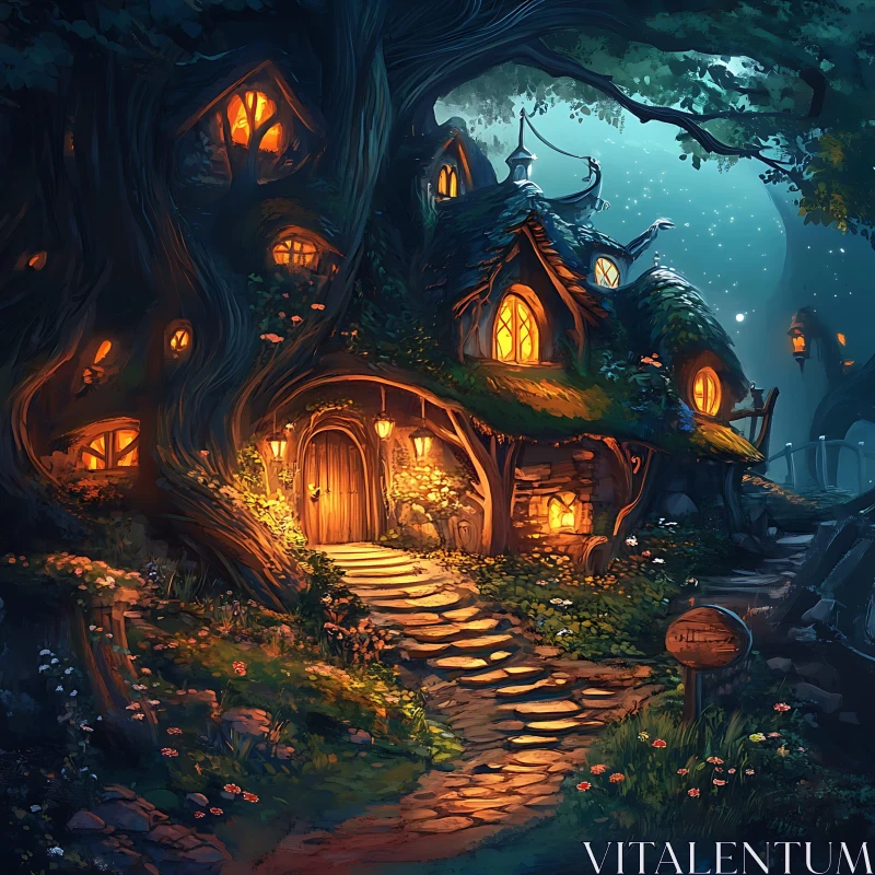 AI ART Whimsical Forest Cottage at Night