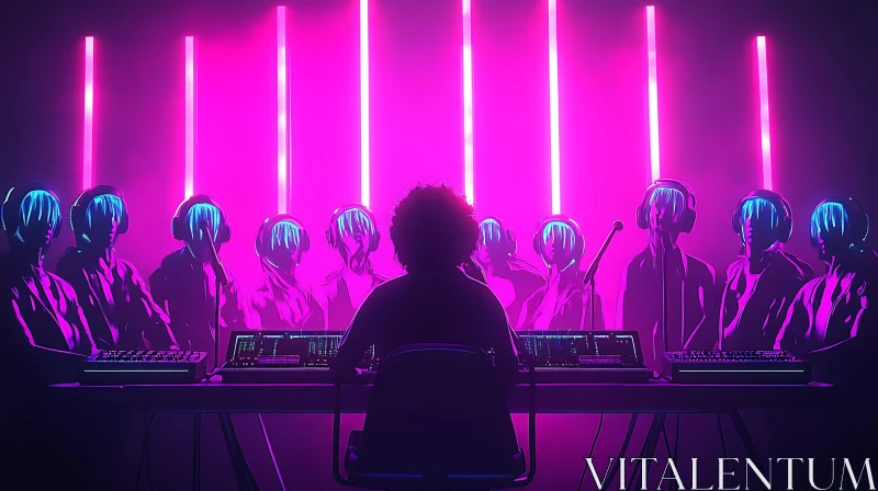 Cyberpunk Concert with Neon Helmets and Synthesizers AI Image