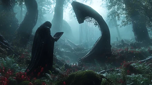Mystical Forest with Hooded Figure and Enigmatic Harp