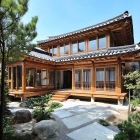 Japanese Wooden House with Lush Garden