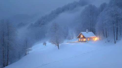 Peaceful Snowy Cabin in Wintery Mountain Forest