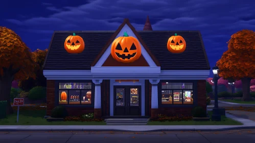 Festive Halloween Decorated House at Dusk