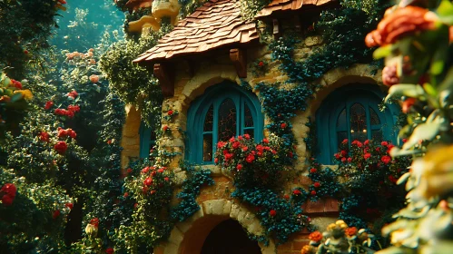 Charming Cottage with Blooming Ivy and Flowers