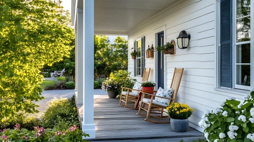 Charming Porch with Wooden Rocking Chairs