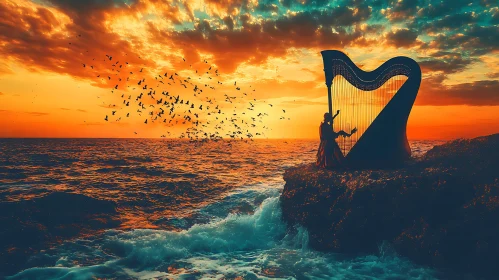 Serene Coastal Sunset with Musical Harmony