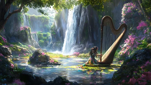 Serene Forest Waterfall with Harp Player