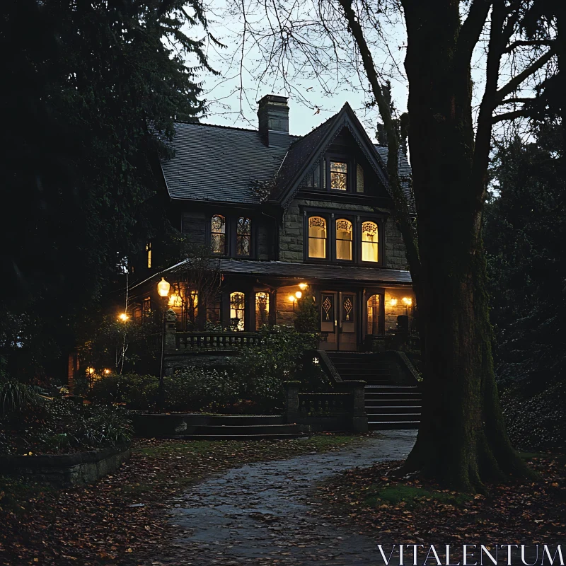 Eerie Gothic Mansion Among Trees AI Image