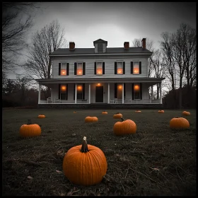 Mystical Autumn House with Lit Pumpkins