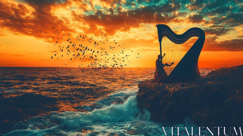 Serene Coastal Sunset with Musical Harmony AI Image