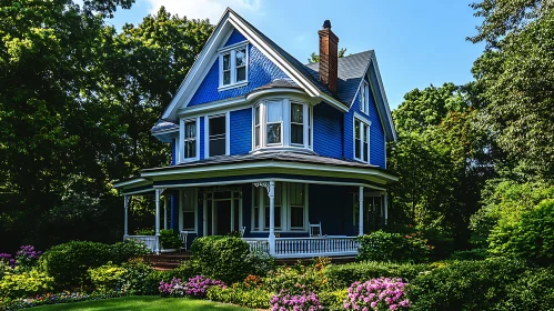 Majestic Victorian Blue House in Lush Garden