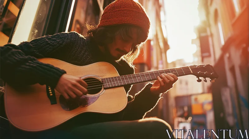 AI ART Sunlit Street Musician with Guitar