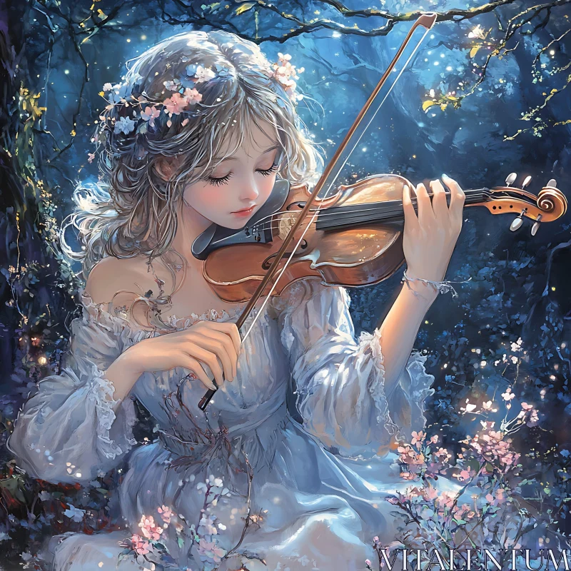 Magical Violin Performance in Fantasy Forest AI Image