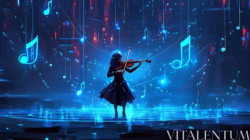 Ethereal Violin Performance in Blue Light AI Image