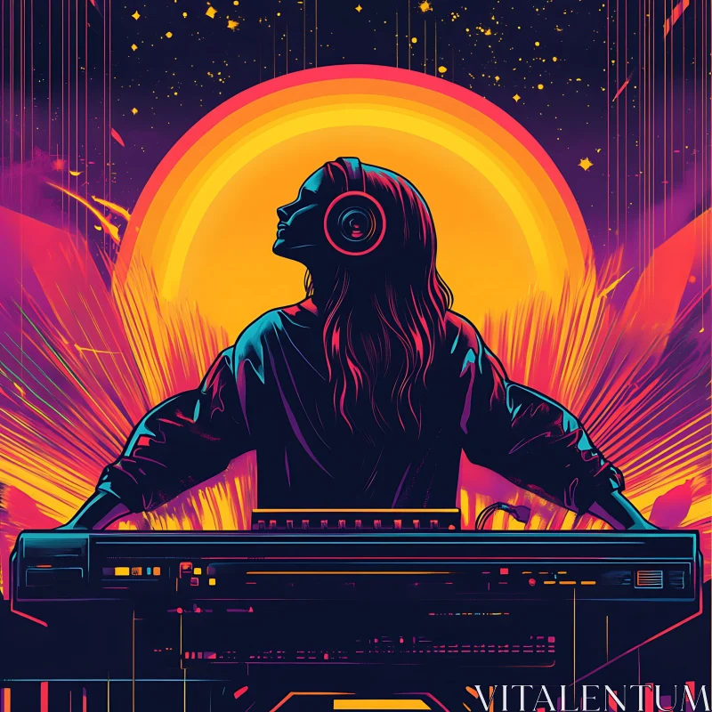 DJ Silhouette at Synthesizer during Sunset AI Image