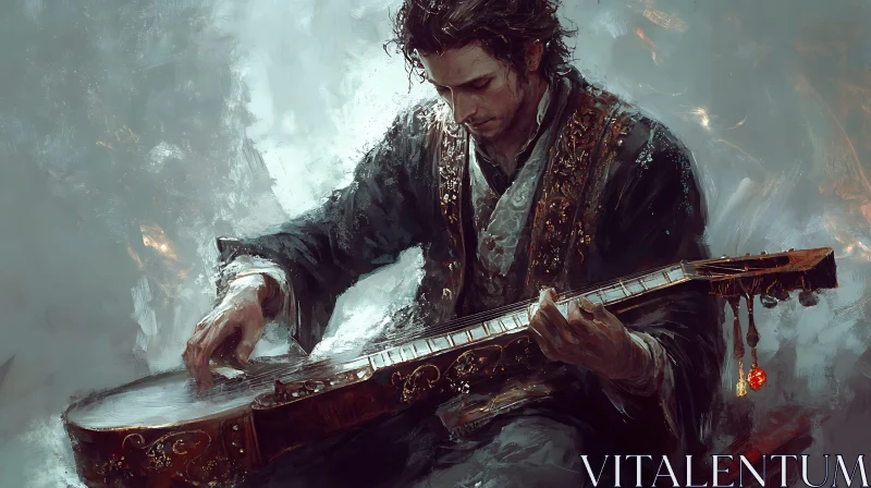 Ornate Medieval Guitarist in Artistic Rendering AI Image