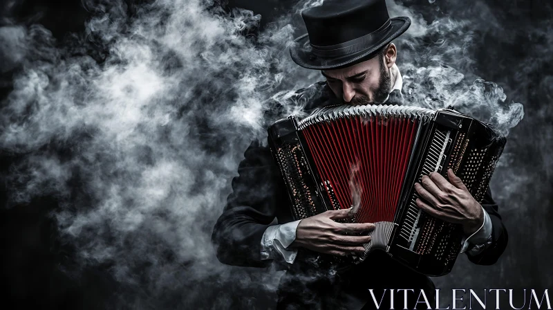 Mystical Accordion Player in Smoky Atmosphere AI Image