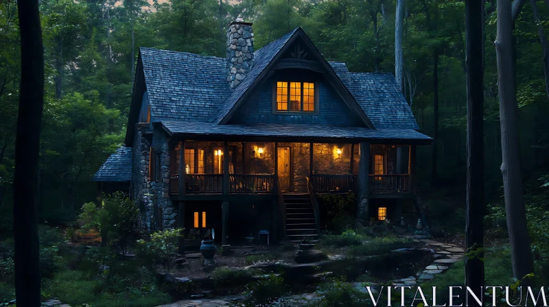 Enchanting Evening Cabin in the Forest AI Image