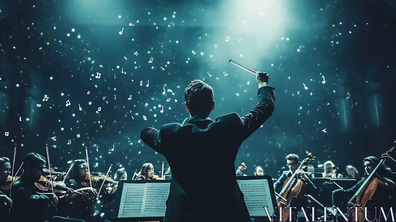 Conductor Leading Orchestra with Floating Musical Notes AI Image