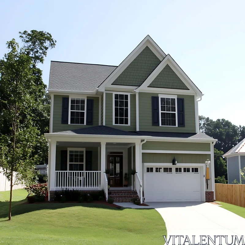 Picturesque Green House with Front Porch and Garage AI Image